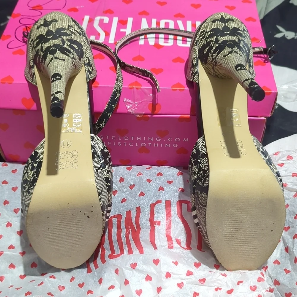 Iron Fist Black and Cream Striped Heels with Pink Accents - Picture 2 of 4